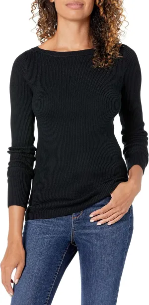 Amazon Essentials Women's Lightweight Ribbed Long-Sleeve Boat Neck Slim-Fit Sweater