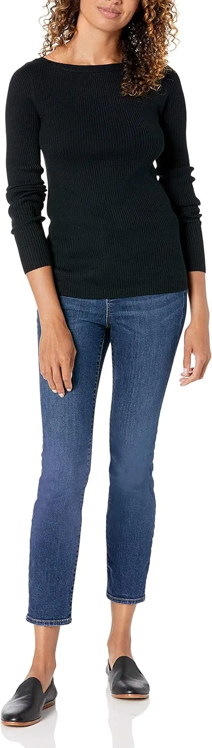 Amazon Essentials Women's Lightweight Ribbed Long-Sleeve Boat Neck Slim-Fit Sweater