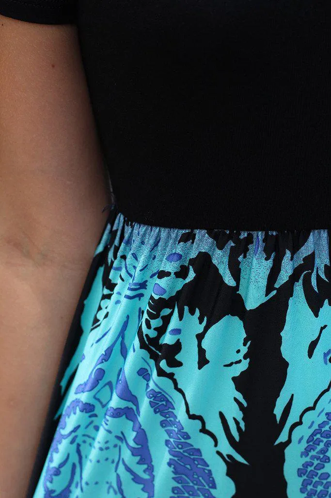 Black And Aqua Dress With Short Sleeves