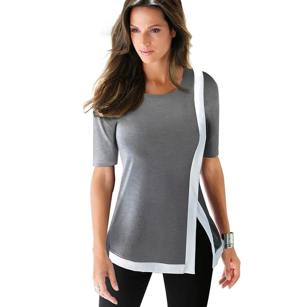 Casual Brief Patchwork Short Sleeve Stylish Side Split Female Summer Tees tops T040