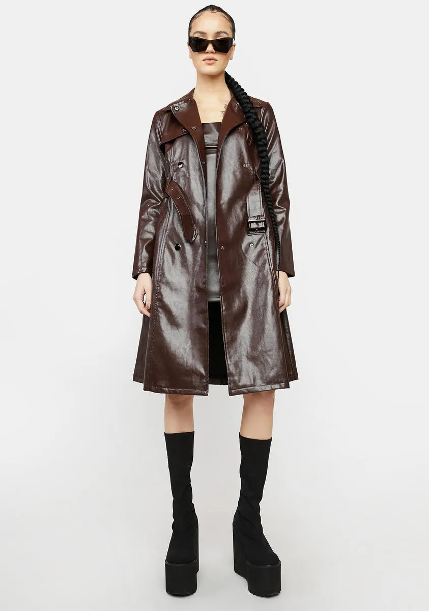 Coffee Dominance Overload Faux Leather Trench Coat