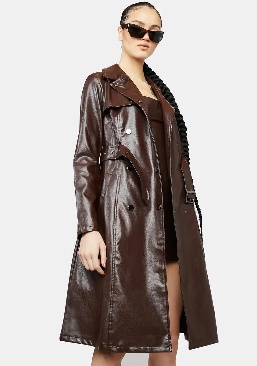 Coffee Dominance Overload Faux Leather Trench Coat