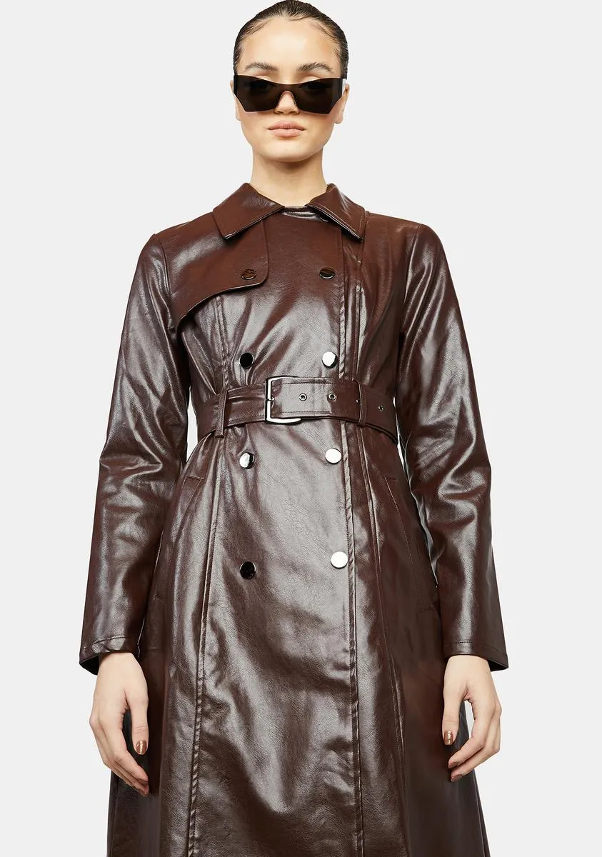 Coffee Dominance Overload Faux Leather Trench Coat