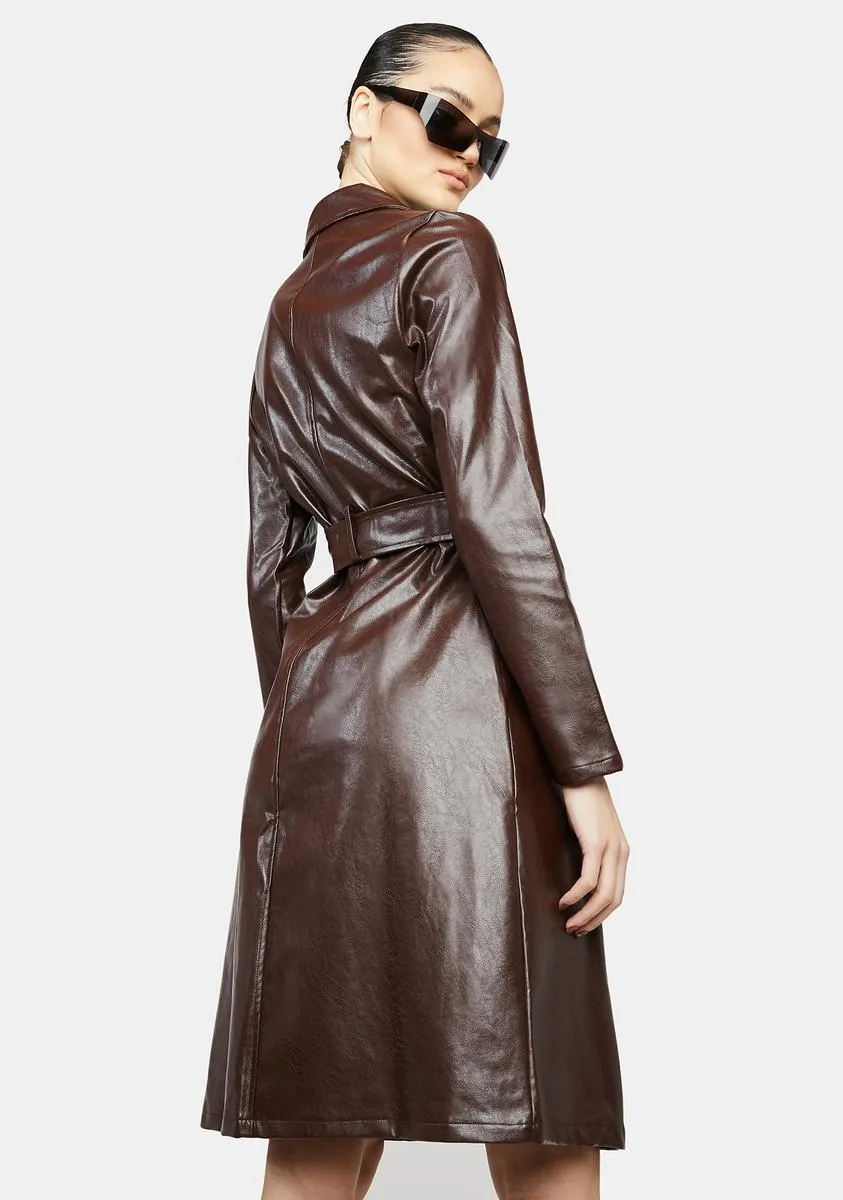 Coffee Dominance Overload Faux Leather Trench Coat