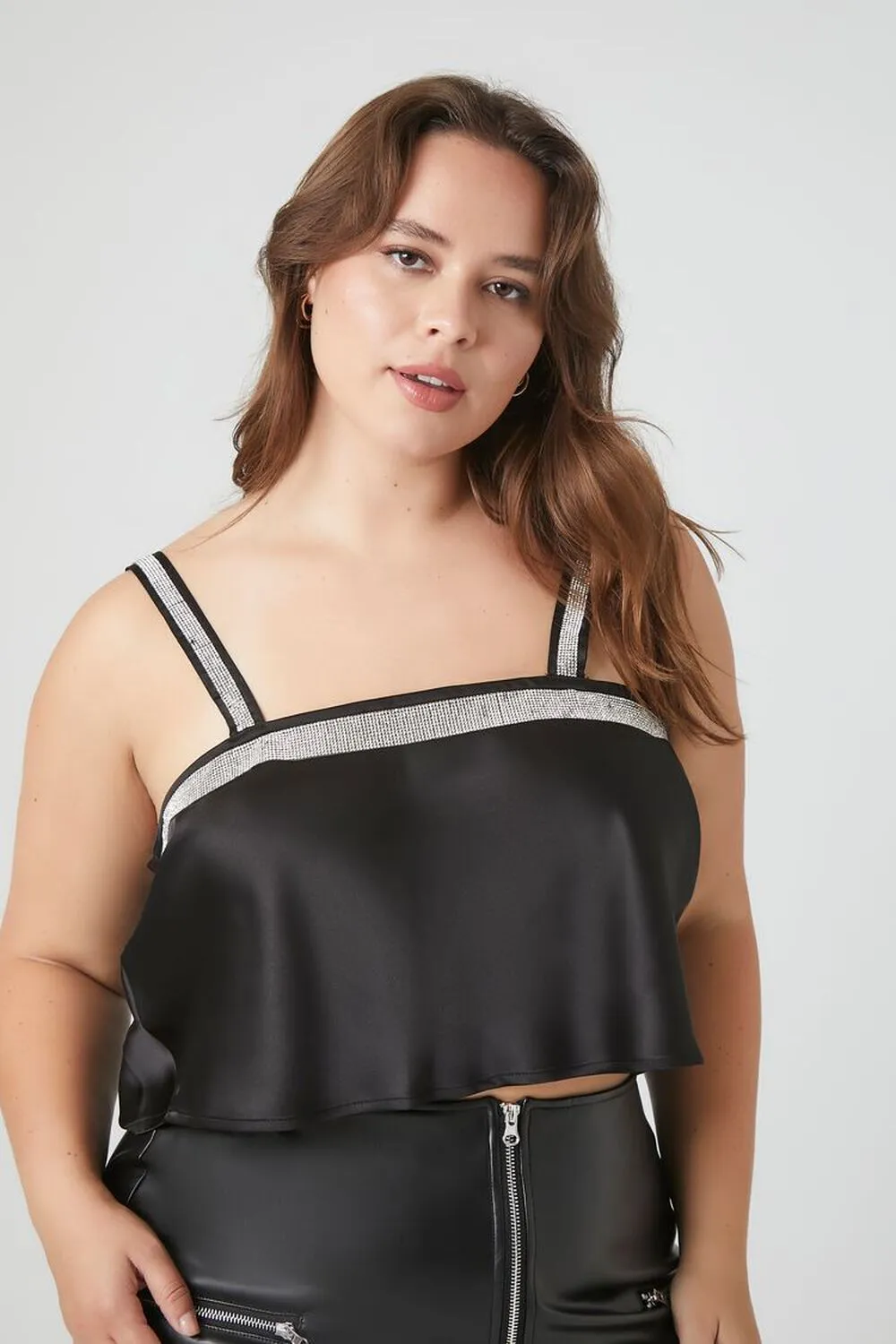 Forever 21 Plus Size Rhinestone Satin Crop Top, Black