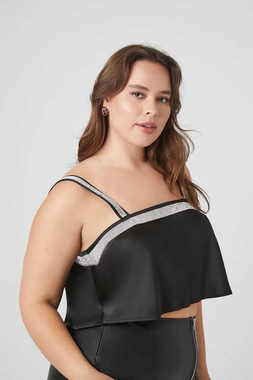 Forever 21 Plus Size Rhinestone Satin Crop Top, Black