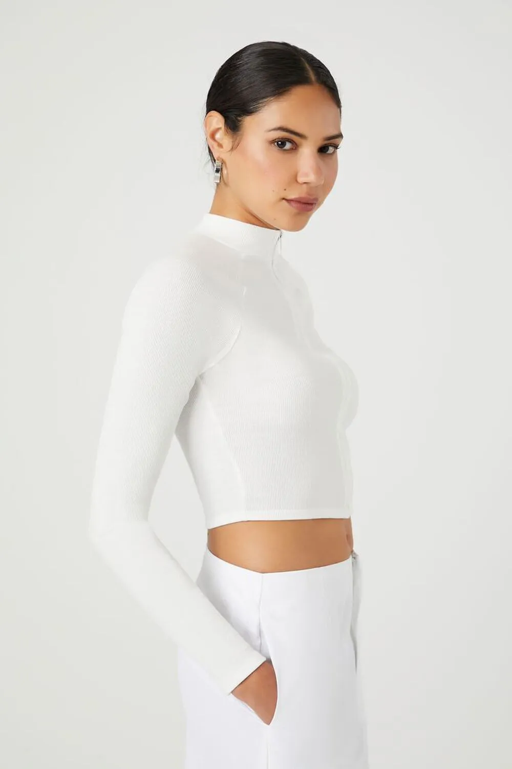 Forever 21 Zip Crop Top with Stand Collar, White
