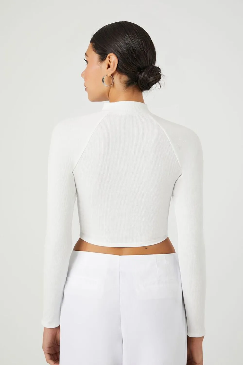 Forever 21 Zip Crop Top with Stand Collar, White