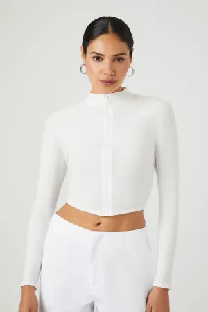 Forever 21 Zip Crop Top with Stand Collar, White