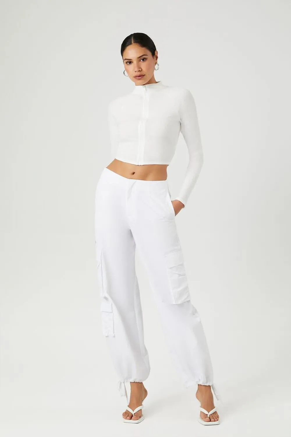 Forever 21 Zip Crop Top with Stand Collar, White