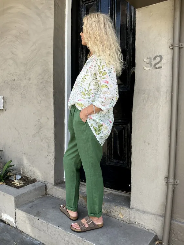 Jiva Mimi Pant - Narrow Leg Linen - Forever Green