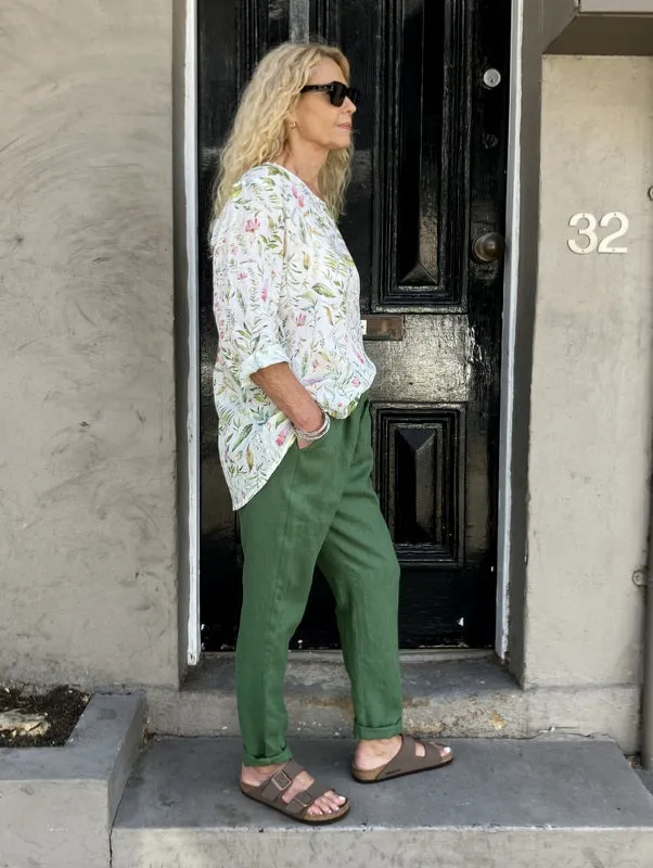 Jiva Mimi Pant - Narrow Leg Linen - Forever Green