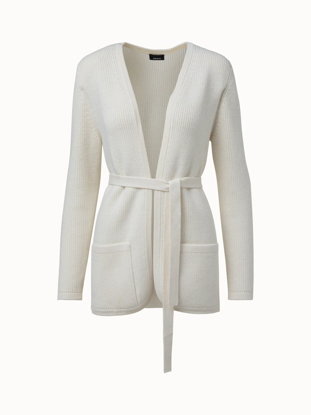 Lange Strickjacke mit Gürtel aus Wolle