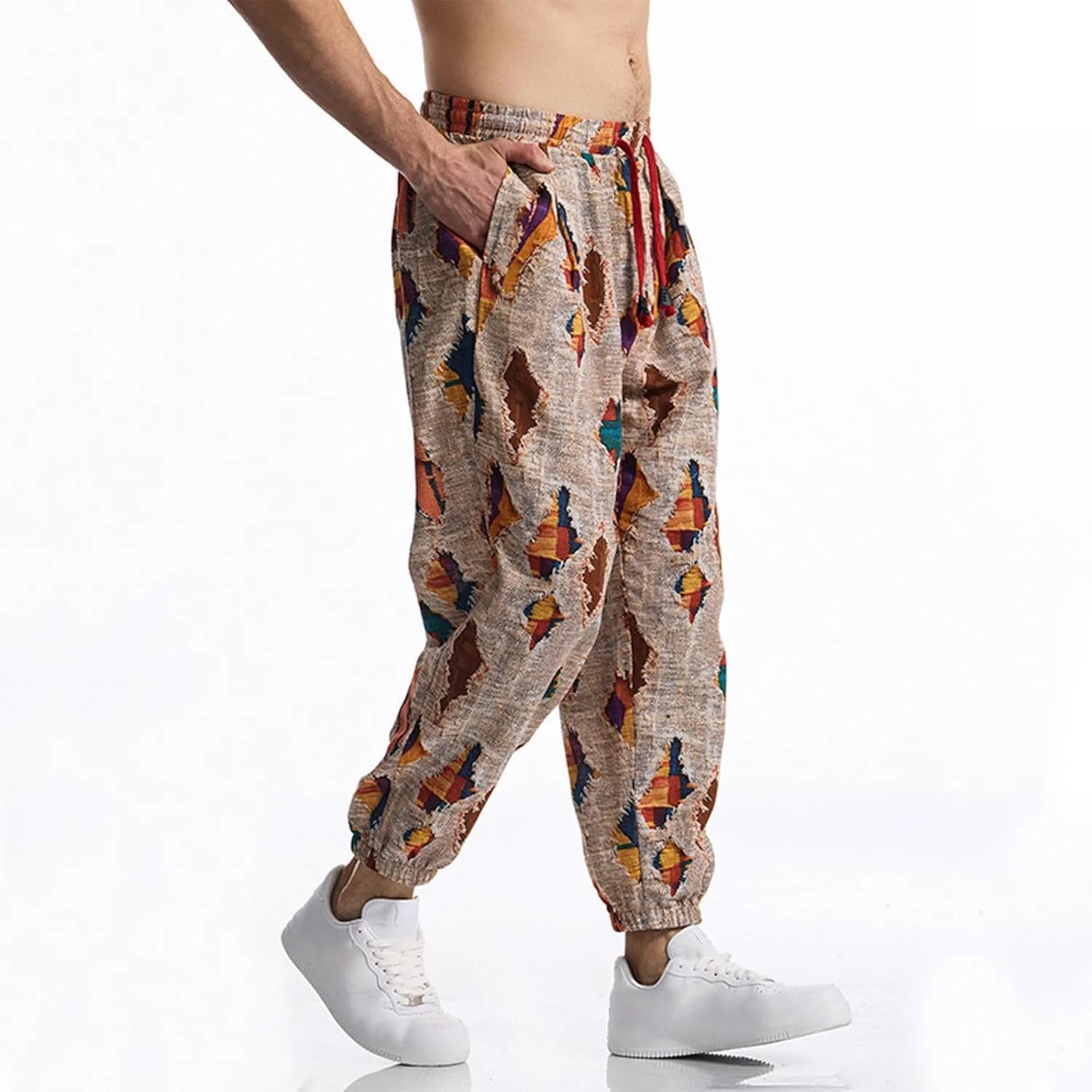 Linen Harem Pants for Men Drawstring Floral Paisley Print Casual Streetwear Hippie Yoga Pants with Pockets