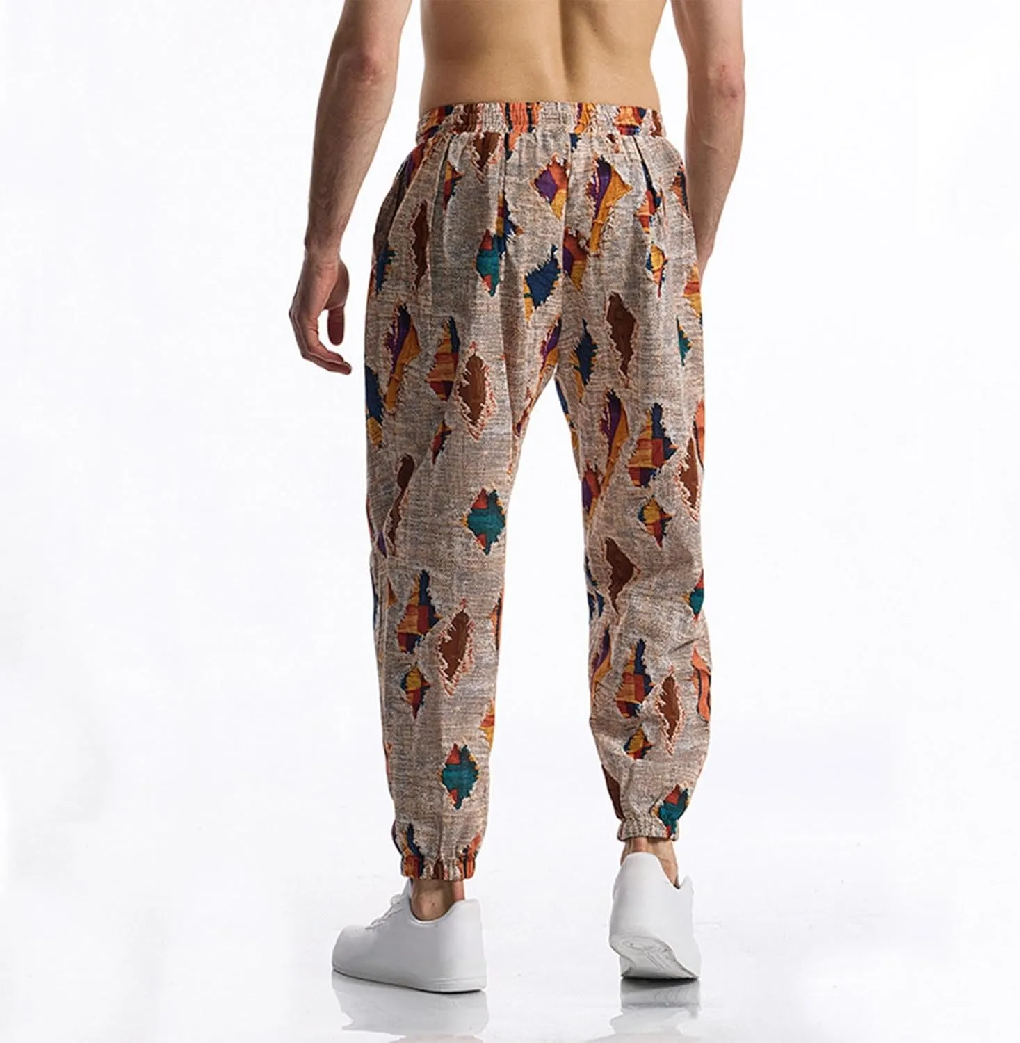 Linen Harem Pants for Men Drawstring Floral Paisley Print Casual Streetwear Hippie Yoga Pants with Pockets