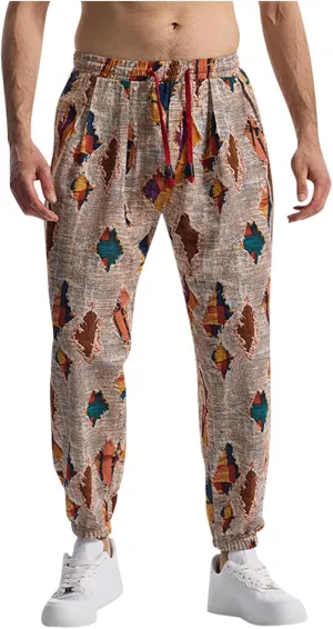 Linen Harem Pants for Men Drawstring Floral Paisley Print Casual Streetwear Hippie Yoga Pants with Pockets