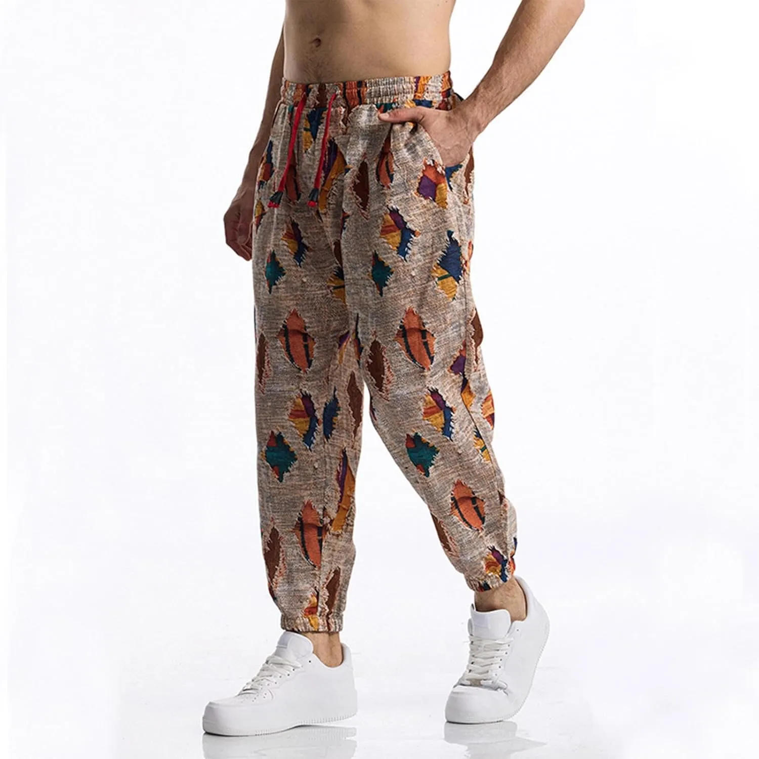Linen Harem Pants for Men Drawstring Floral Paisley Print Casual Streetwear Hippie Yoga Pants with Pockets