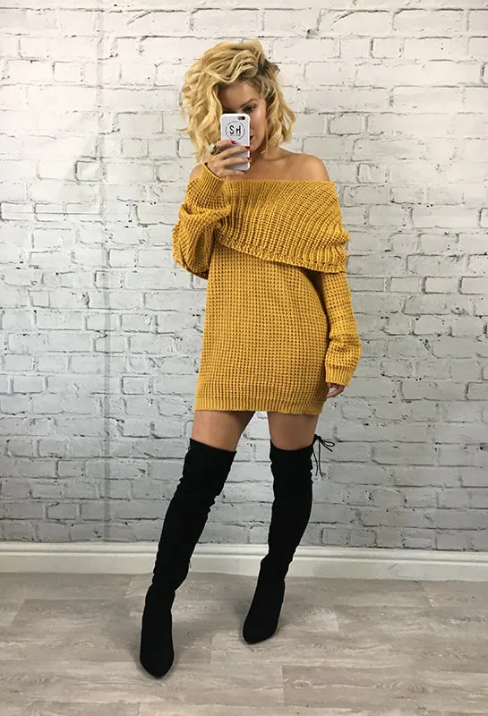 Mustard Bardot Knitted Hailee Jumper Dress