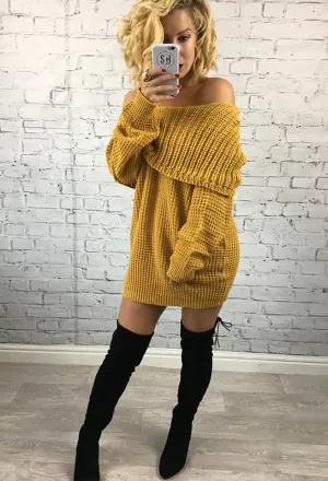 Mustard Bardot Knitted Hailee Jumper Dress