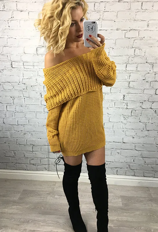 Mustard Bardot Knitted Hailee Jumper Dress