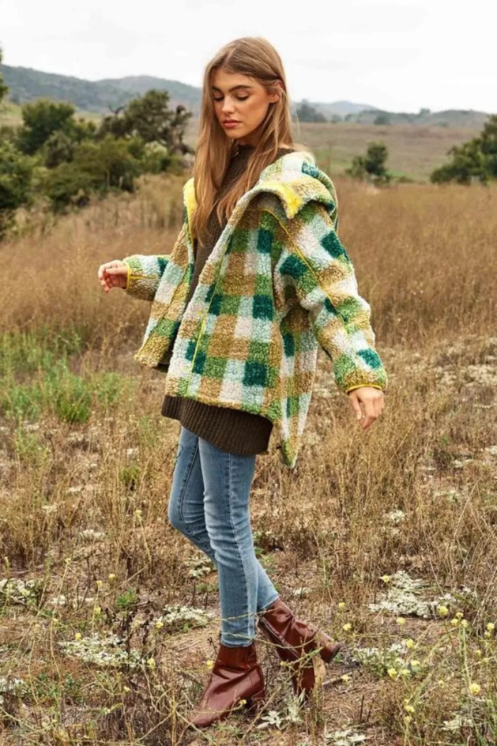 Plaid Contrast Back Spirit Hem Adjustable Jacket