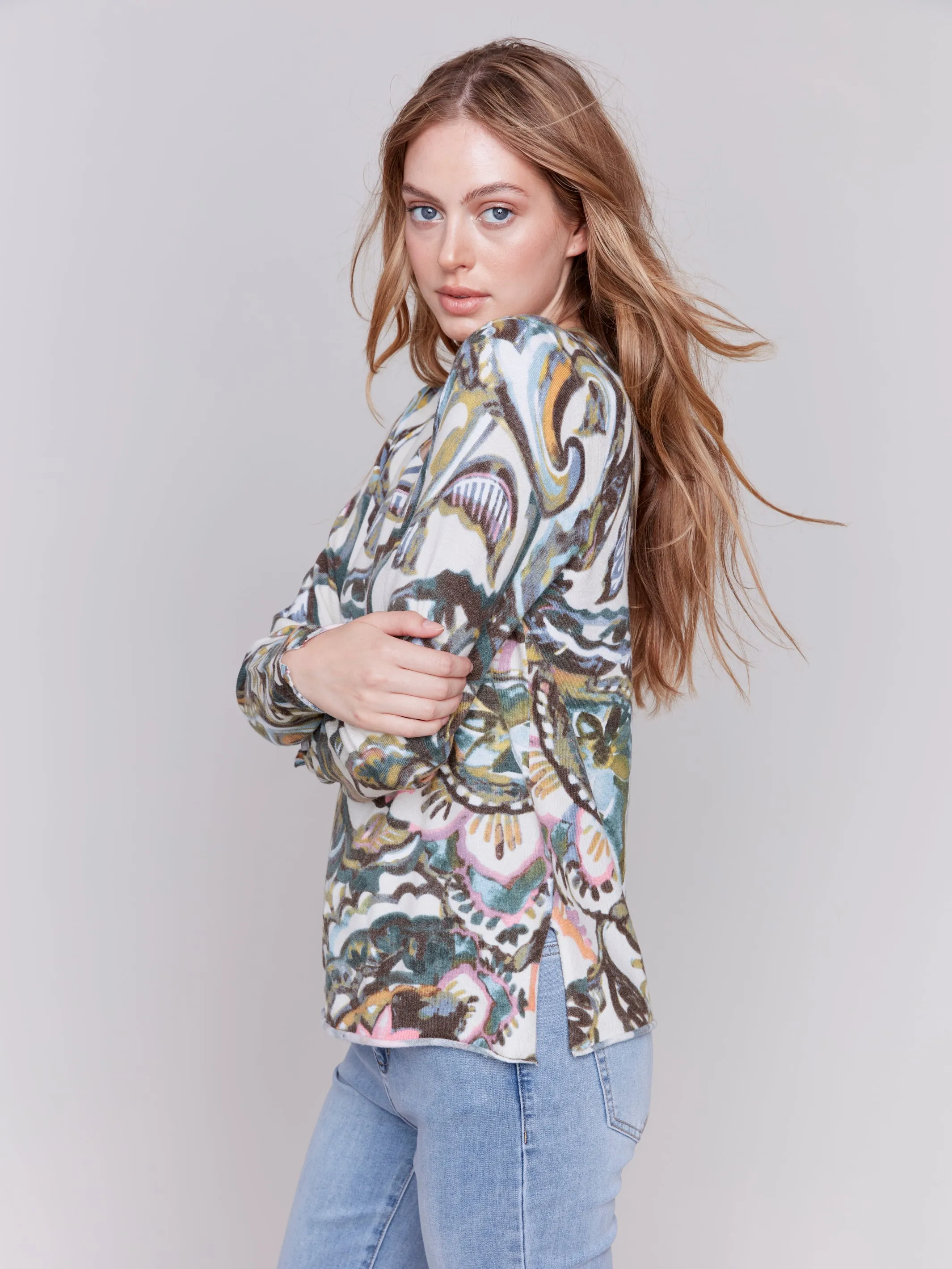 Printed V-Neck Sweater