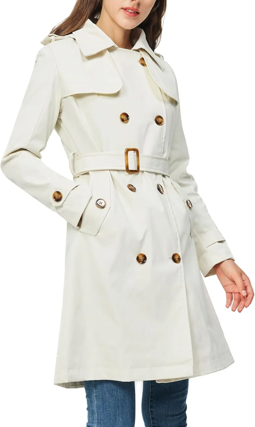 Rasujie Women's Trench Coat Double Breasted Classic Lapel Overcoat Belted Jacket with Detachable Hood