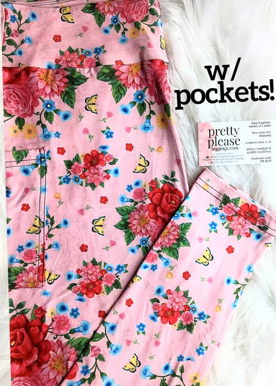 Spring Farmhouse Garden Super SOFT Yoga Band Leggings Butterfly Floral Pink OS TC Plus rts