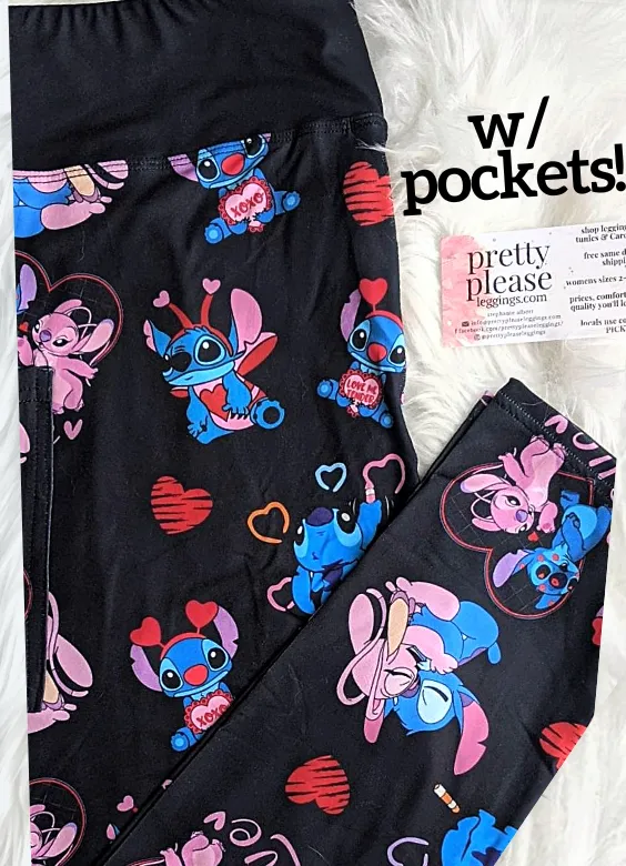 Stitch & Angel BFFs Super SOFT Yoga Band Leggings Disney Valentines Day Lilo Love rts