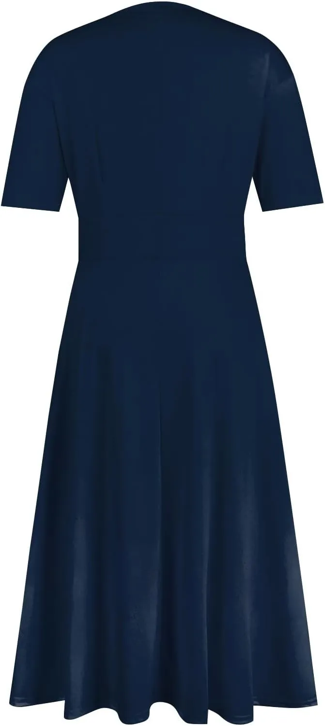 Summer Dresses for Women Summer Beach V Neck Short Sleeve Dress Solid Color Aline Tshirt Dress Casual Flowy Midi Dresses