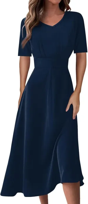 Summer Dresses for Women Summer Beach V Neck Short Sleeve Dress Solid Color Aline Tshirt Dress Casual Flowy Midi Dresses