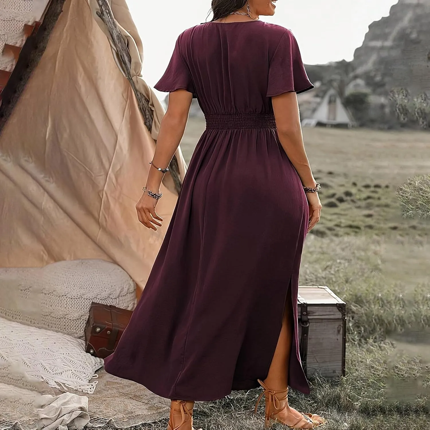 Women Long Dresses Summer V Neck Short Sleeve Dress Casual Flowy High Waisted Ankle Length Maxi Dresses Plus Size