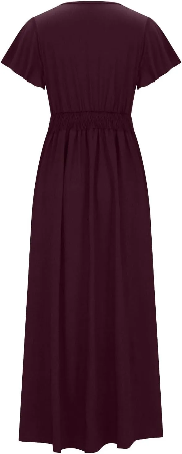 Women Long Dresses Summer V Neck Short Sleeve Dress Casual Flowy High Waisted Ankle Length Maxi Dresses Plus Size