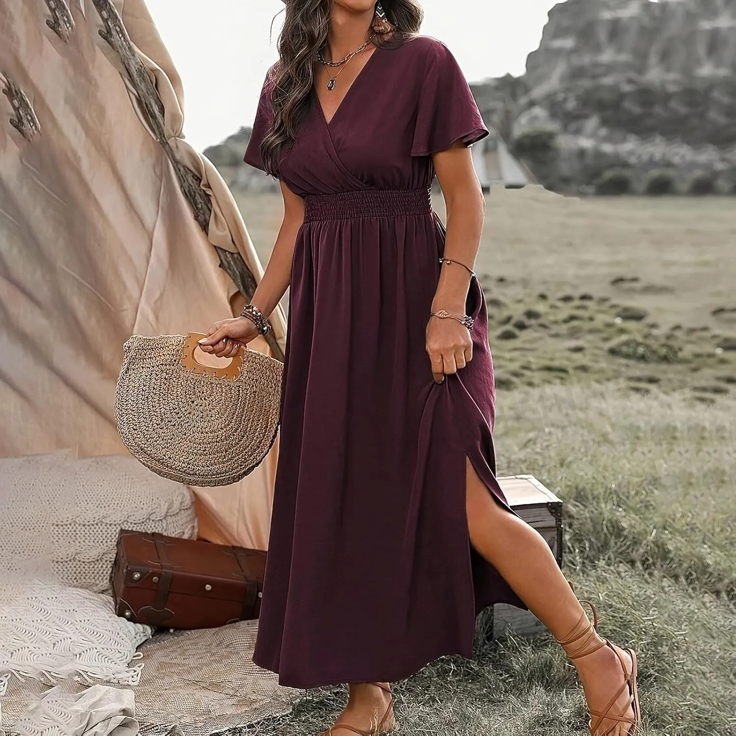 Women Long Dresses Summer V Neck Short Sleeve Dress Casual Flowy High Waisted Ankle Length Maxi Dresses Plus Size