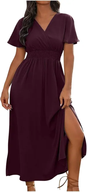 Women Long Dresses Summer V Neck Short Sleeve Dress Casual Flowy High Waisted Ankle Length Maxi Dresses Plus Size