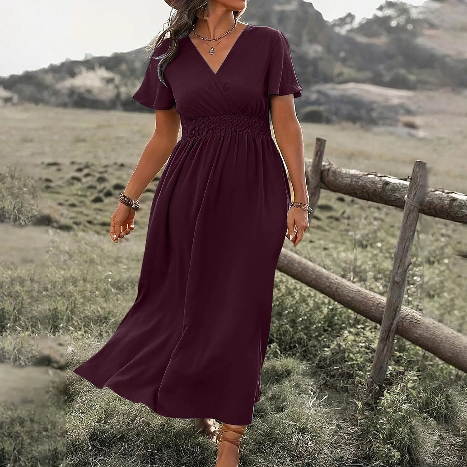 Women Long Dresses Summer V Neck Short Sleeve Dress Casual Flowy High Waisted Ankle Length Maxi Dresses Plus Size