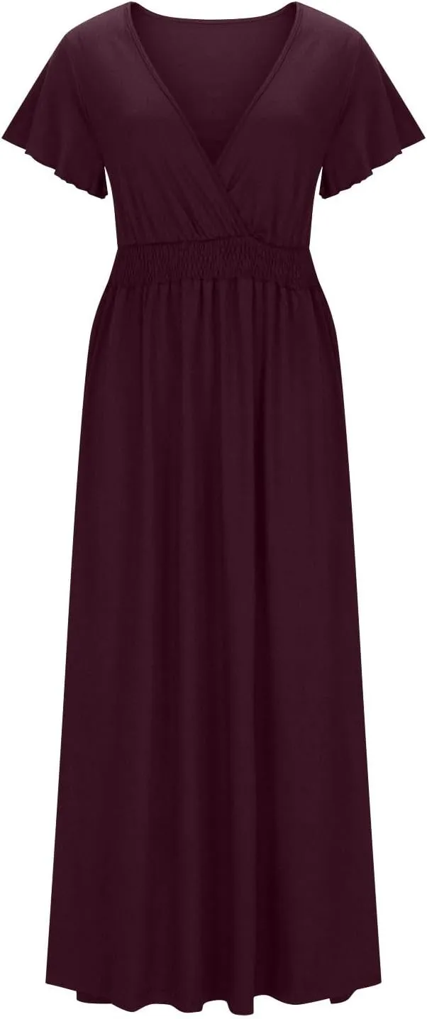 Women Long Dresses Summer V Neck Short Sleeve Dress Casual Flowy High Waisted Ankle Length Maxi Dresses Plus Size