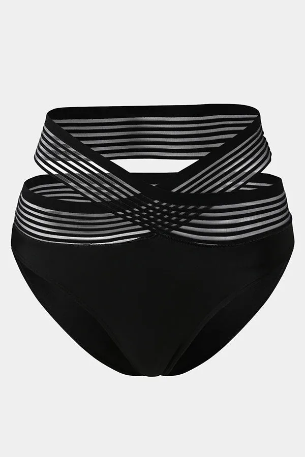 Women's Black Crisscross Mesh High Waisted Bikini Swim Bottom