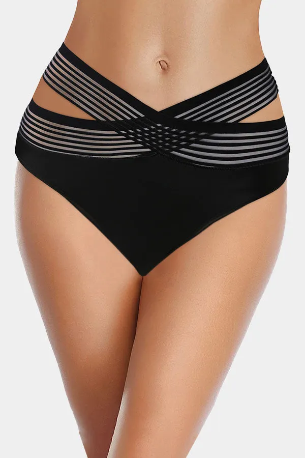 Women's Black Crisscross Mesh High Waisted Bikini Swim Bottom