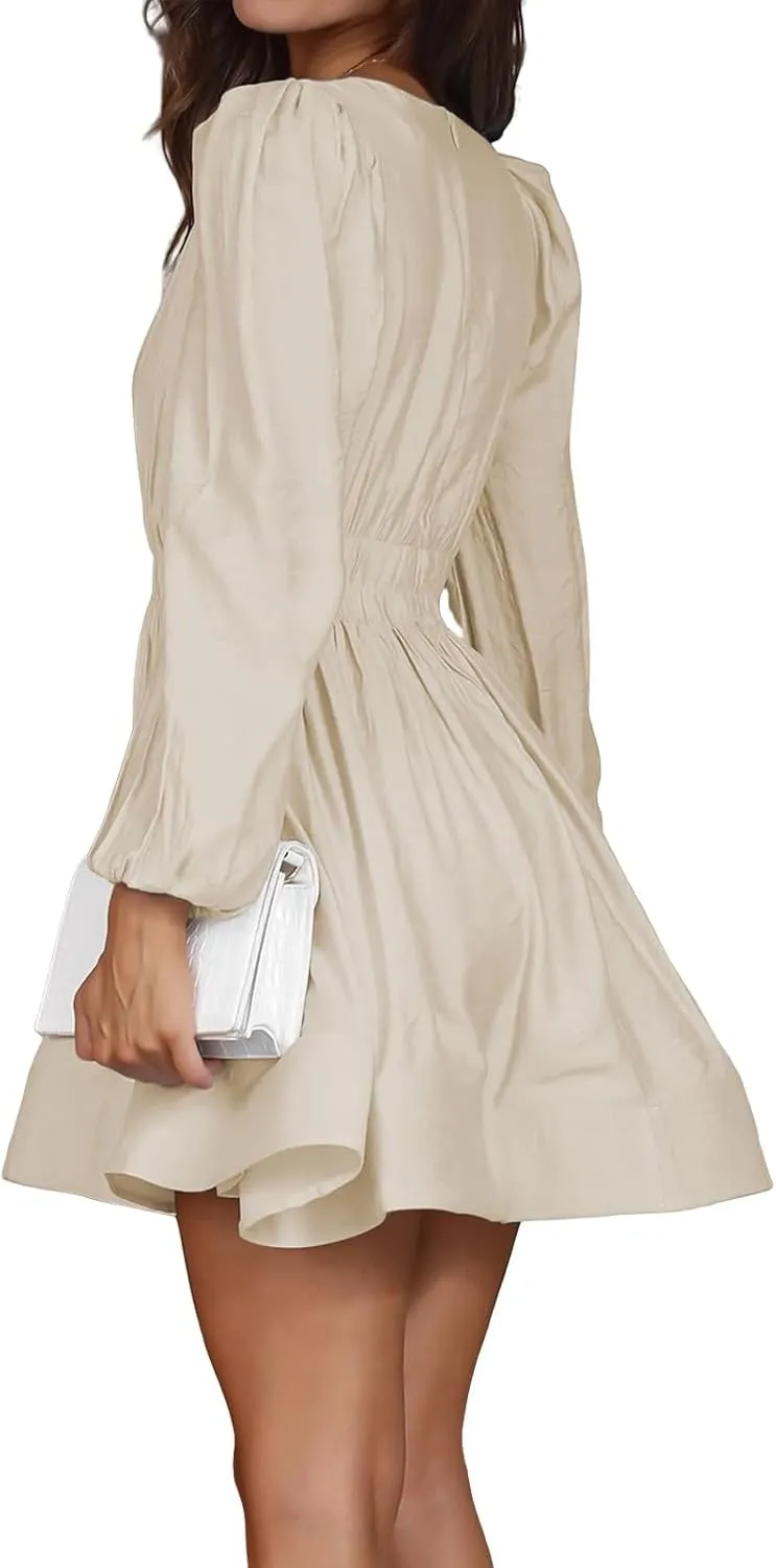 Womens Mini Dress 2025 Long Sleeve Deep V Sexy Dresses High Waisted Casual Flowy Dress A-line Ruffle Swing Dresses