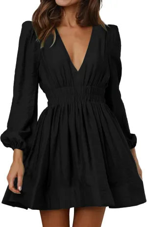 Womens Mini Dress 2025 Long Sleeve Deep V Sexy Dresses High Waisted Casual Flowy Dress A-line Ruffle Swing Dresses