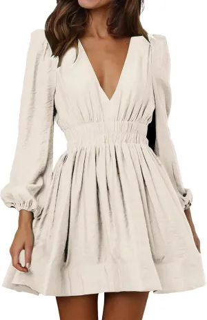 Womens Mini Dress 2025 Long Sleeve Deep V Sexy Dresses High Waisted Casual Flowy Dress A-line Ruffle Swing Dresses