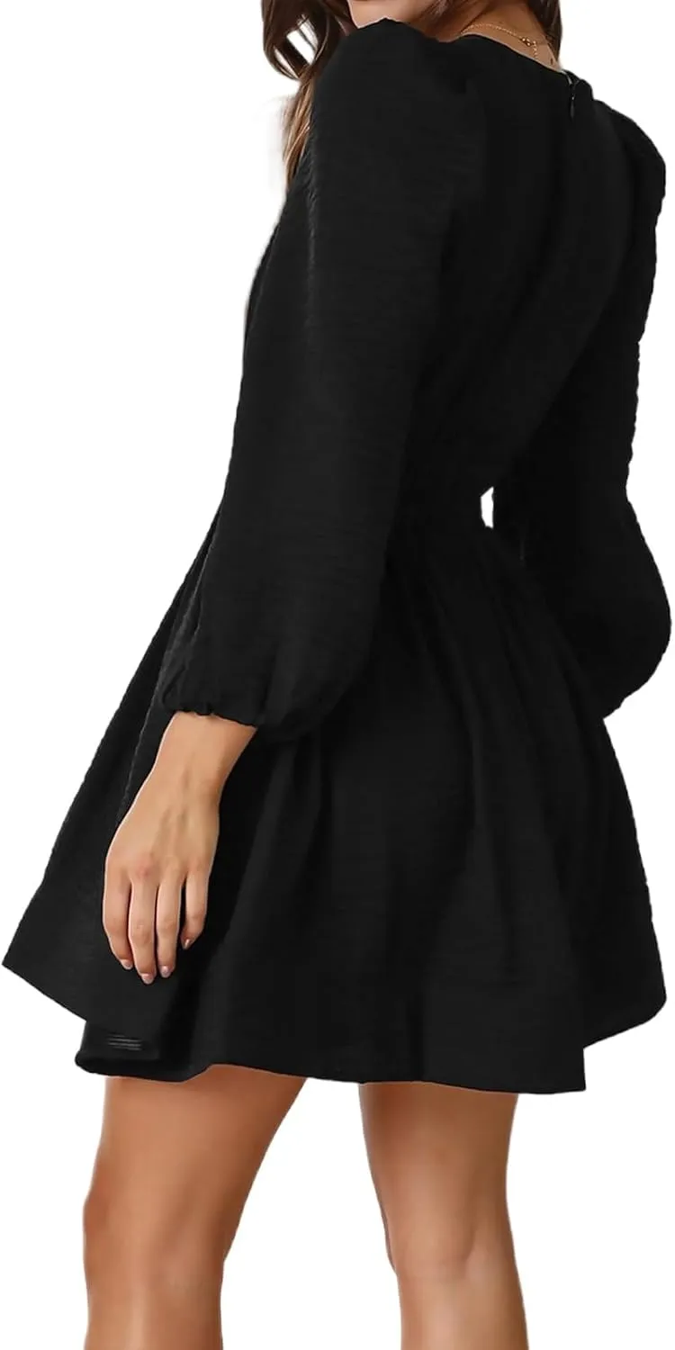 Womens Mini Dress 2025 Long Sleeve Deep V Sexy Dresses High Waisted Casual Flowy Dress A-line Ruffle Swing Dresses