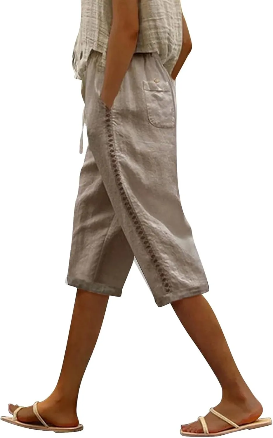 Women's Summer Casual Linen Pants Drawstring Waist Lightweight Capris Hollow Out Beach Cropped Trousers with Pockets