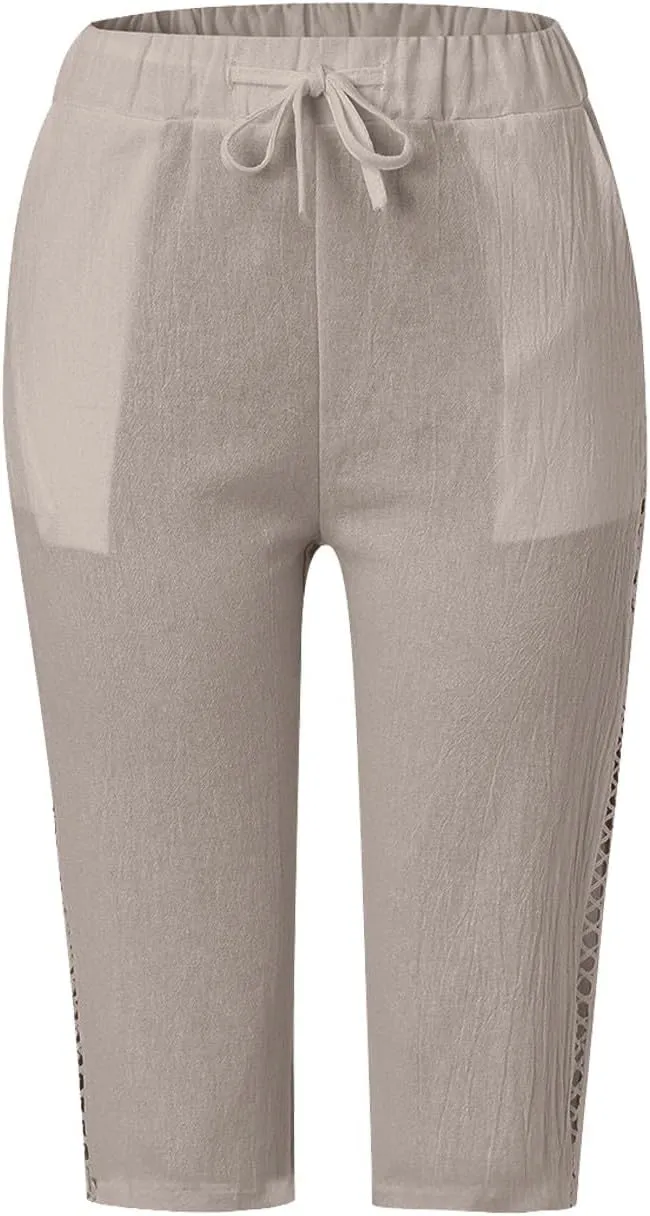 Women's Summer Casual Linen Pants Drawstring Waist Lightweight Capris Hollow Out Beach Cropped Trousers with Pockets