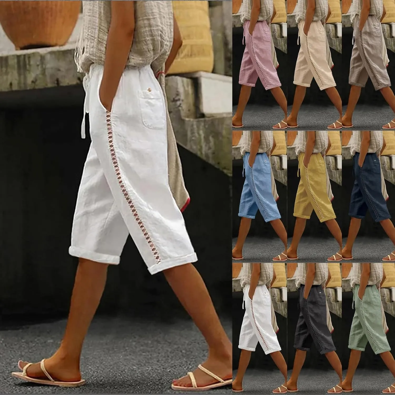 Women's Summer Casual Linen Pants Drawstring Waist Lightweight Capris Hollow Out Beach Cropped Trousers with Pockets