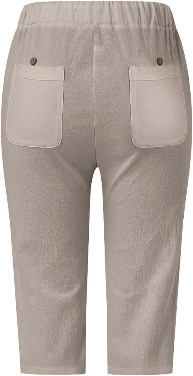 Women's Summer Casual Linen Pants Drawstring Waist Lightweight Capris Hollow Out Beach Cropped Trousers with Pockets