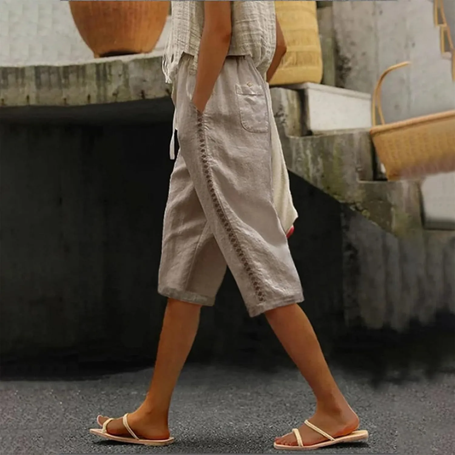 Women's Summer Casual Linen Pants Drawstring Waist Lightweight Capris Hollow Out Beach Cropped Trousers with Pockets