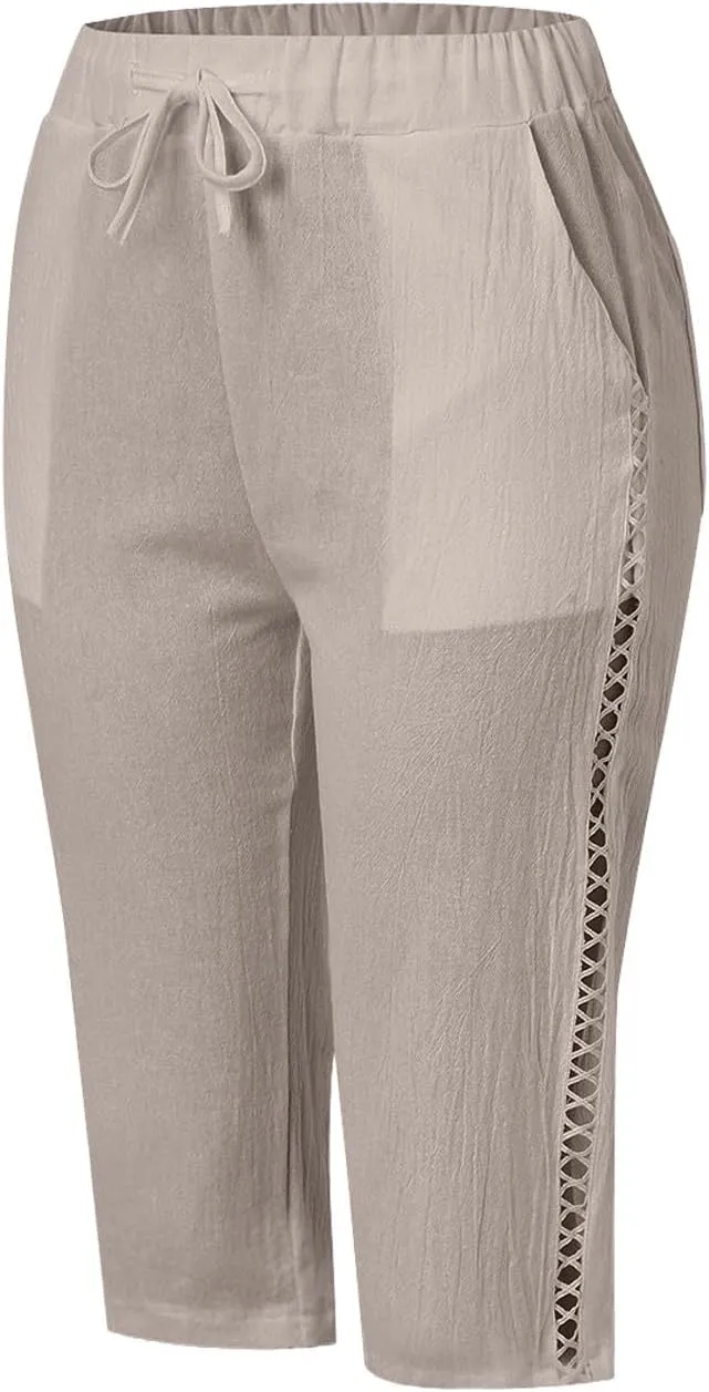 Women's Summer Casual Linen Pants Drawstring Waist Lightweight Capris Hollow Out Beach Cropped Trousers with Pockets