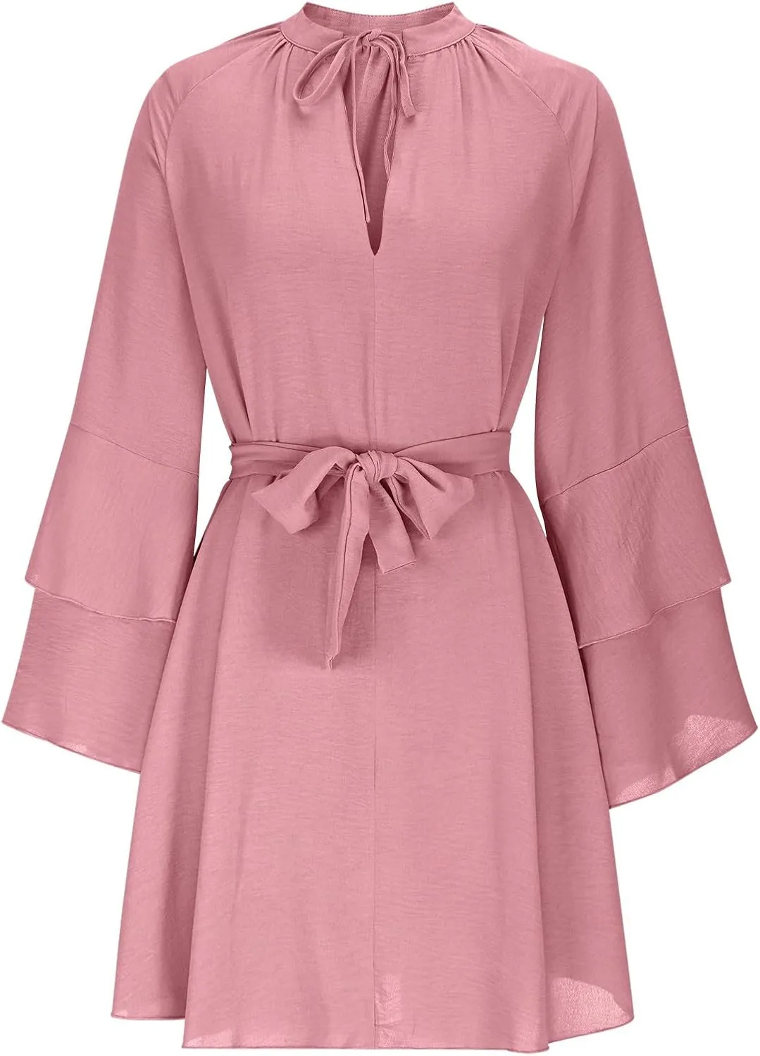 Womens Tie V Neck Casual Summer Loose Short Shirt Dress Flowy Tiered Ruffle Bell Long Sleeve Mini Dresses with Belt